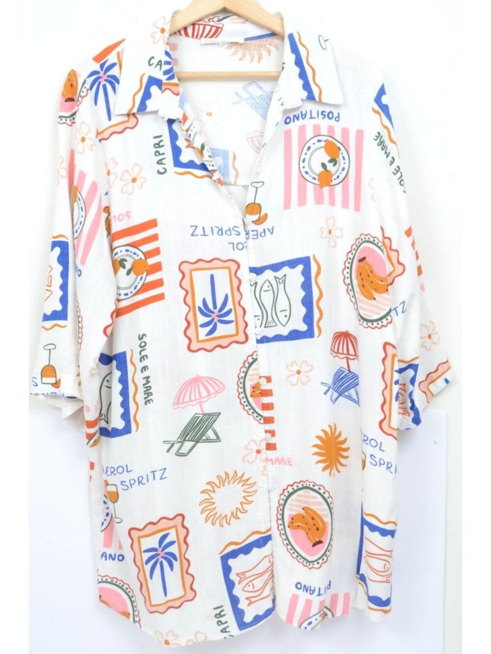 Label Of Love PLUS 2X Linen Blend Postcard Print Shirtdress Cover Up 3/4 Sleeve